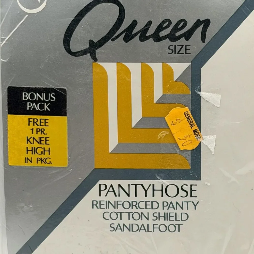 Top Care Pantyhose Vintage Queen Size Gray Reinforced Toe NOS 80s Cotton Shield